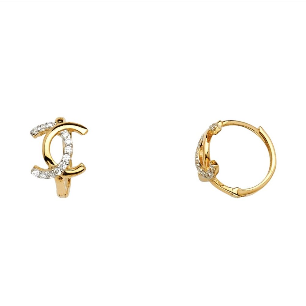 14KT Gold Crossed CC CZ Huggies Earrings